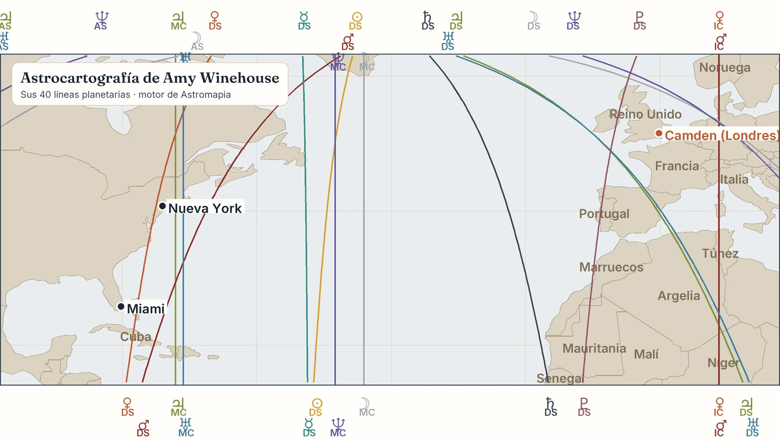 Astrocartografía de Amy Winehouse Mapa de la carta astral de Amy Winehouse: sus líneas planetarias con Londres, Nueva York, Miami