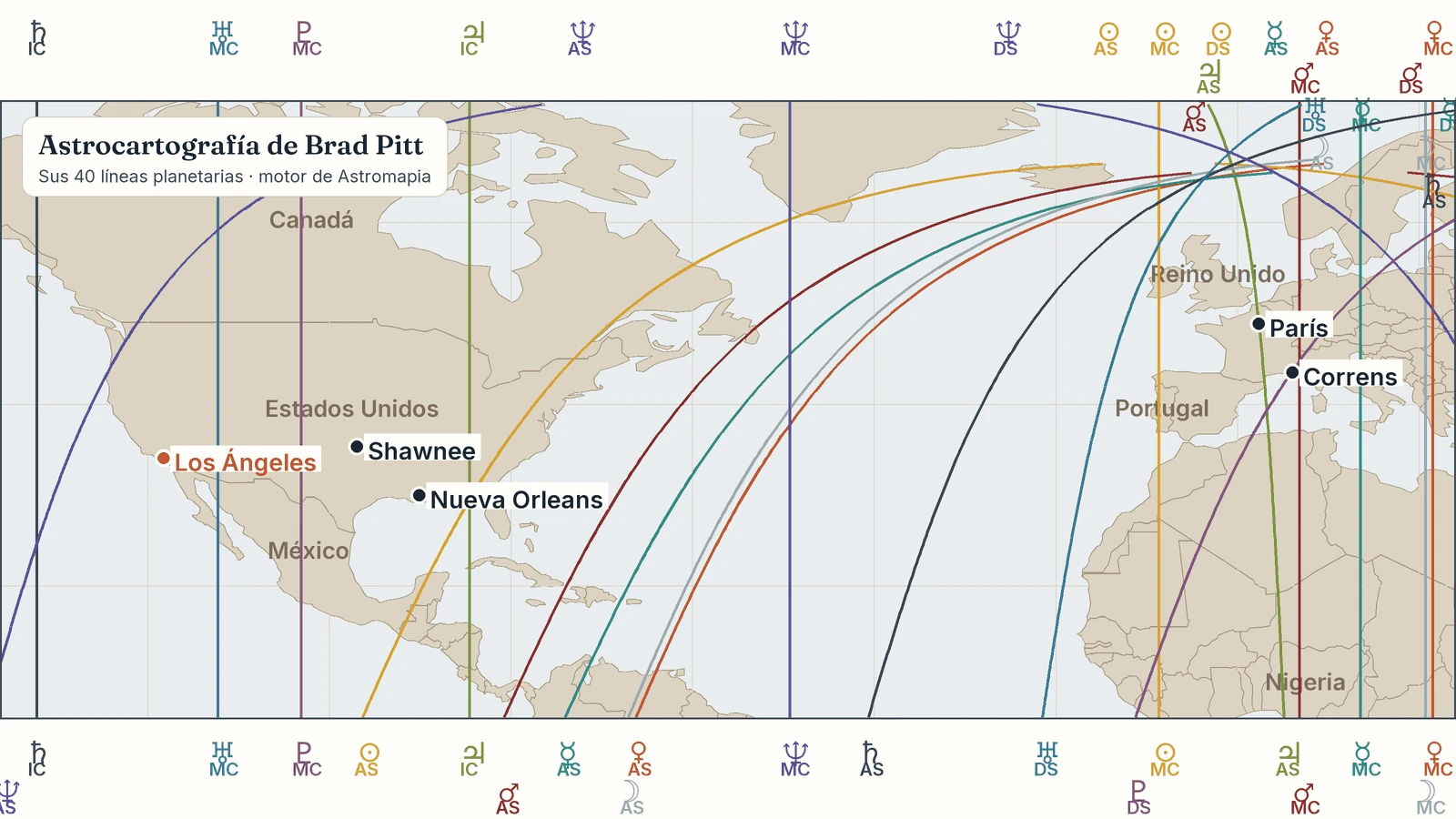 Astrocartografía de Brad Pitt Mapa de la carta astral de Brad Pitt: sus líneas planetarias con Shawnee, Springfield, Los Ángeles, Nueva Orleans, París