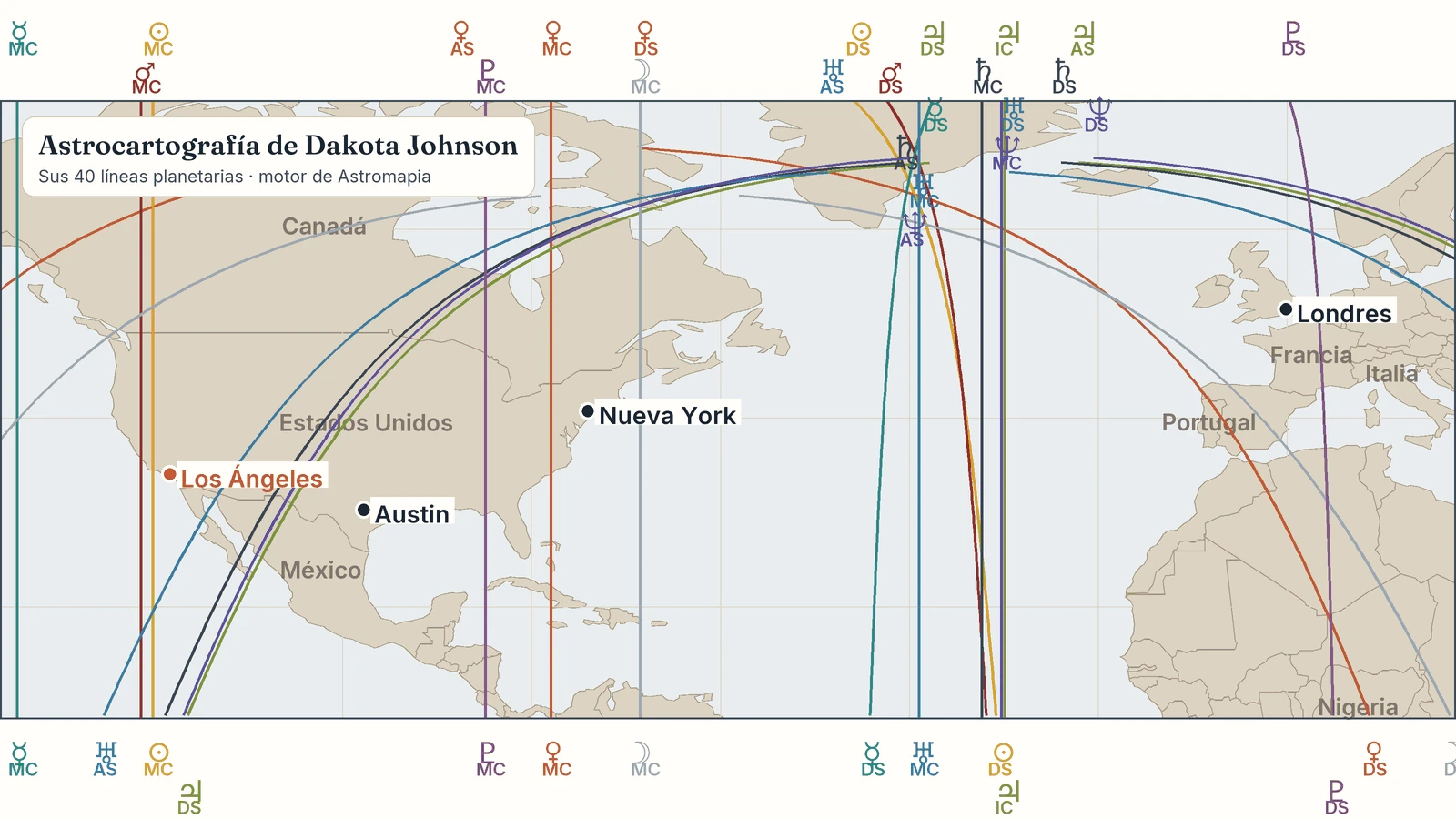 Mapa de la carta astral de Dakota Johnson: sus líneas planetarias con Austin, Los Ángeles, Nueva York, Londres