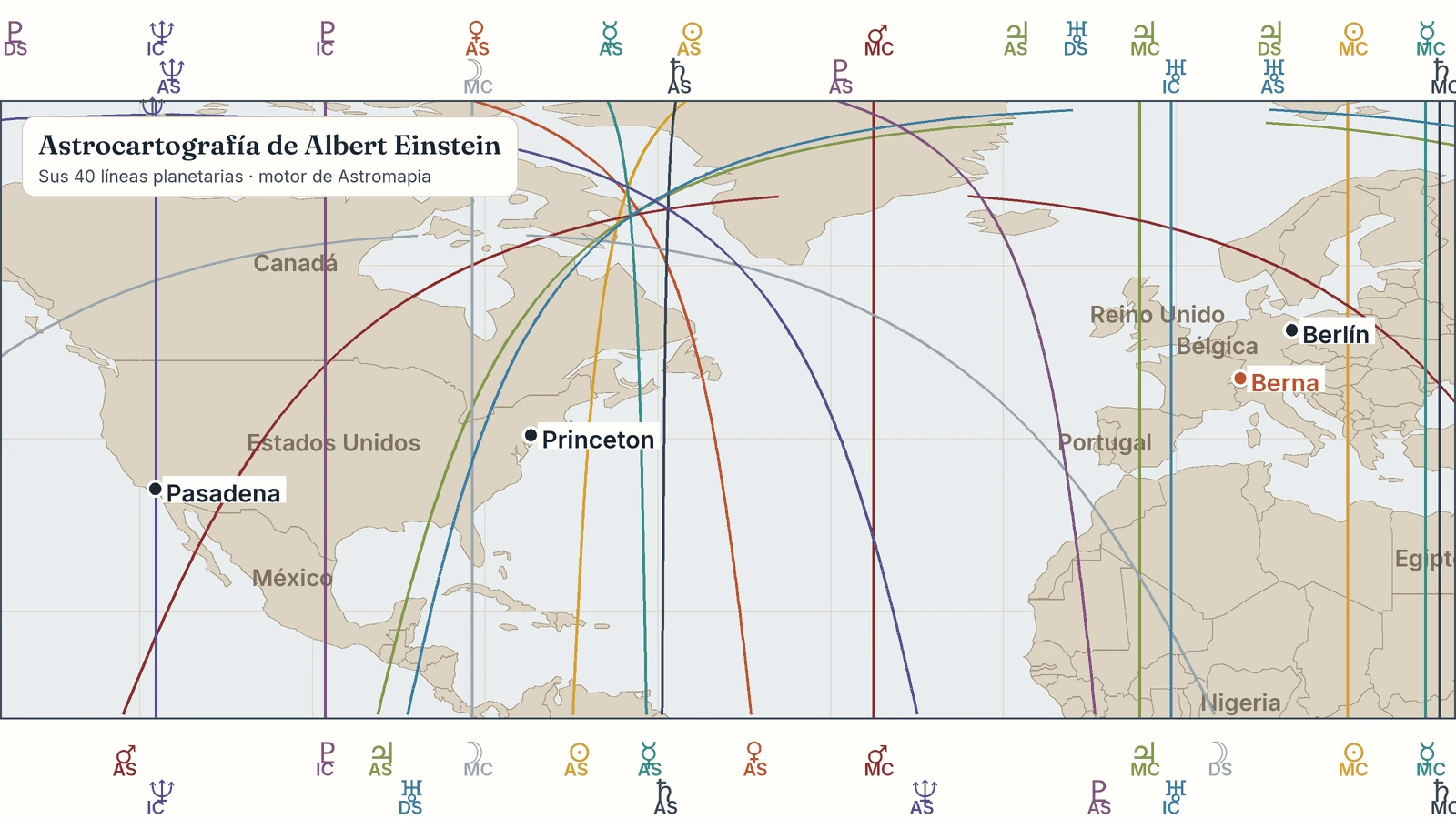 Mapa de la carta astral de Einstein: sus líneas planetarias con Ulm, Zúrich, Berna, Berlín, Pasadena, Princeton