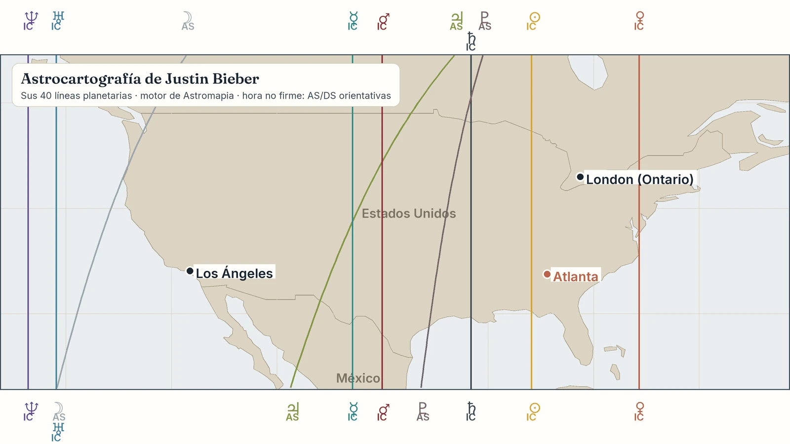 Mapa de la carta astral de Justin Bieber: sus líneas planetarias con London (Ontario), Stratford, Toronto, Atlanta, Los Ángeles