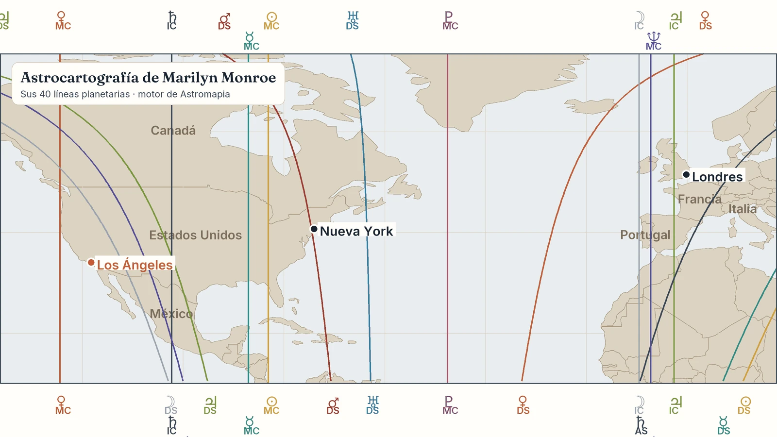 Mapa de la carta astral de Marilyn Monroe: sus líneas planetarias con Los Ángeles, Nueva York, Londres