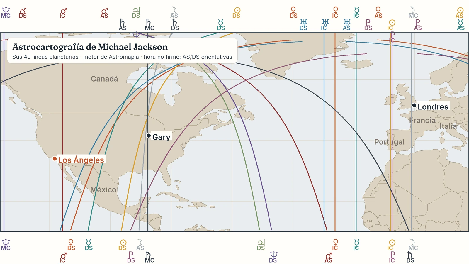 Astrocartografía de Michael Jackson Mapa de la carta astral de Michael Jackson: sus líneas planetarias con Gary, Los Ángeles, Las Vegas, Nueva York, Londres