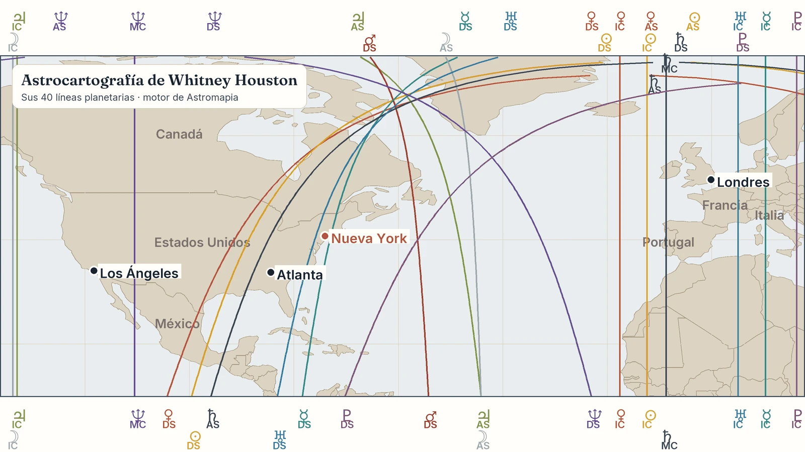 Mapa de la carta astral de Whitney Houston: sus líneas planetarias con Newark, Nueva York, Los Ángeles, Londres, Atlanta