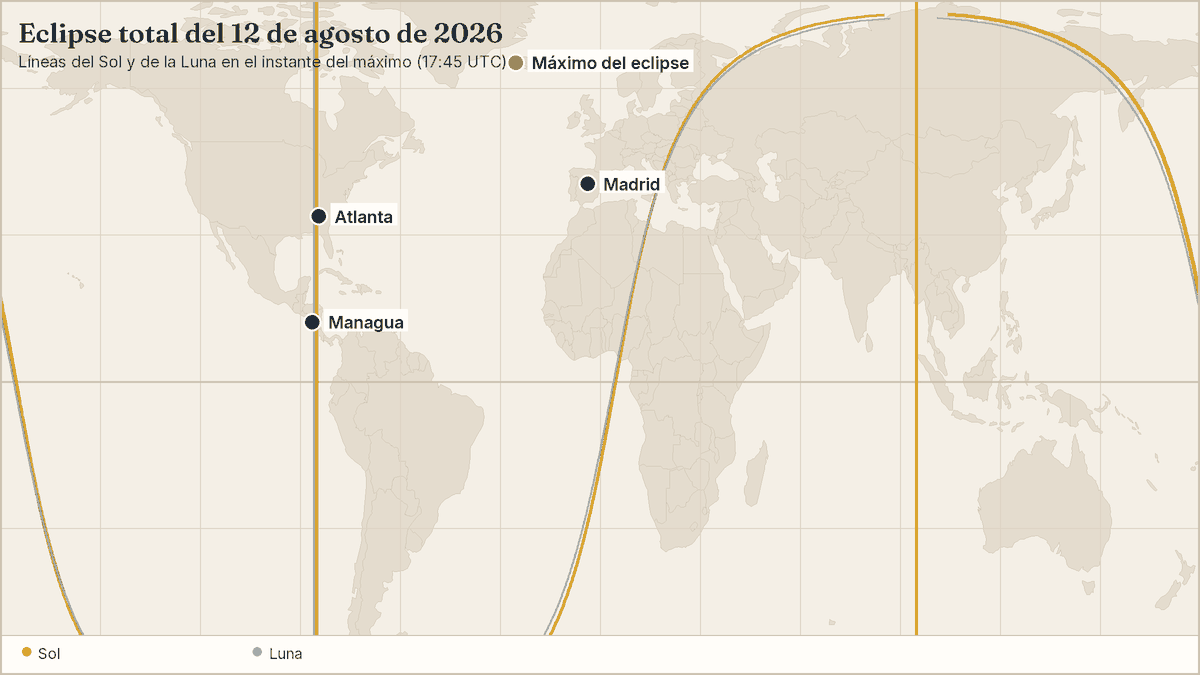 Mapa de astrocartografía 2026: líneas del Sol y de la Luna en el eclipse total del 12 de agosto de 2026