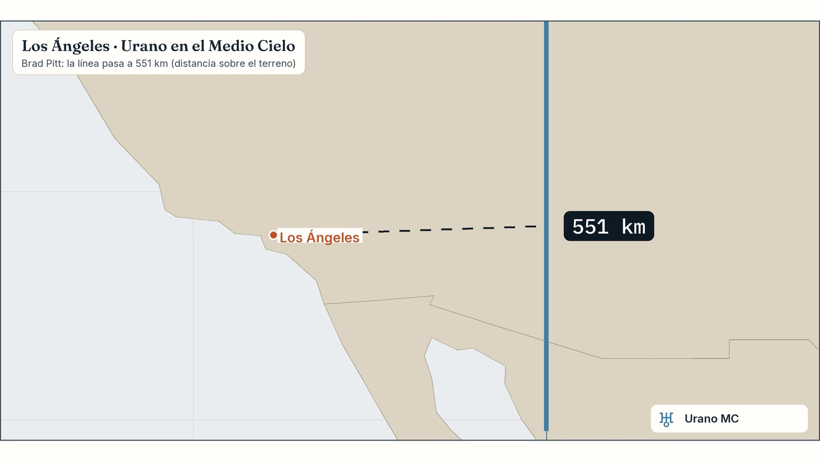 Los Ángeles y la línea de Urano en el Medio Cielo de Brad Pitt Zoom del mapa de Brad Pitt en Los Ángeles: su línea de Urano en el Medio Cielo pasa a 551 km