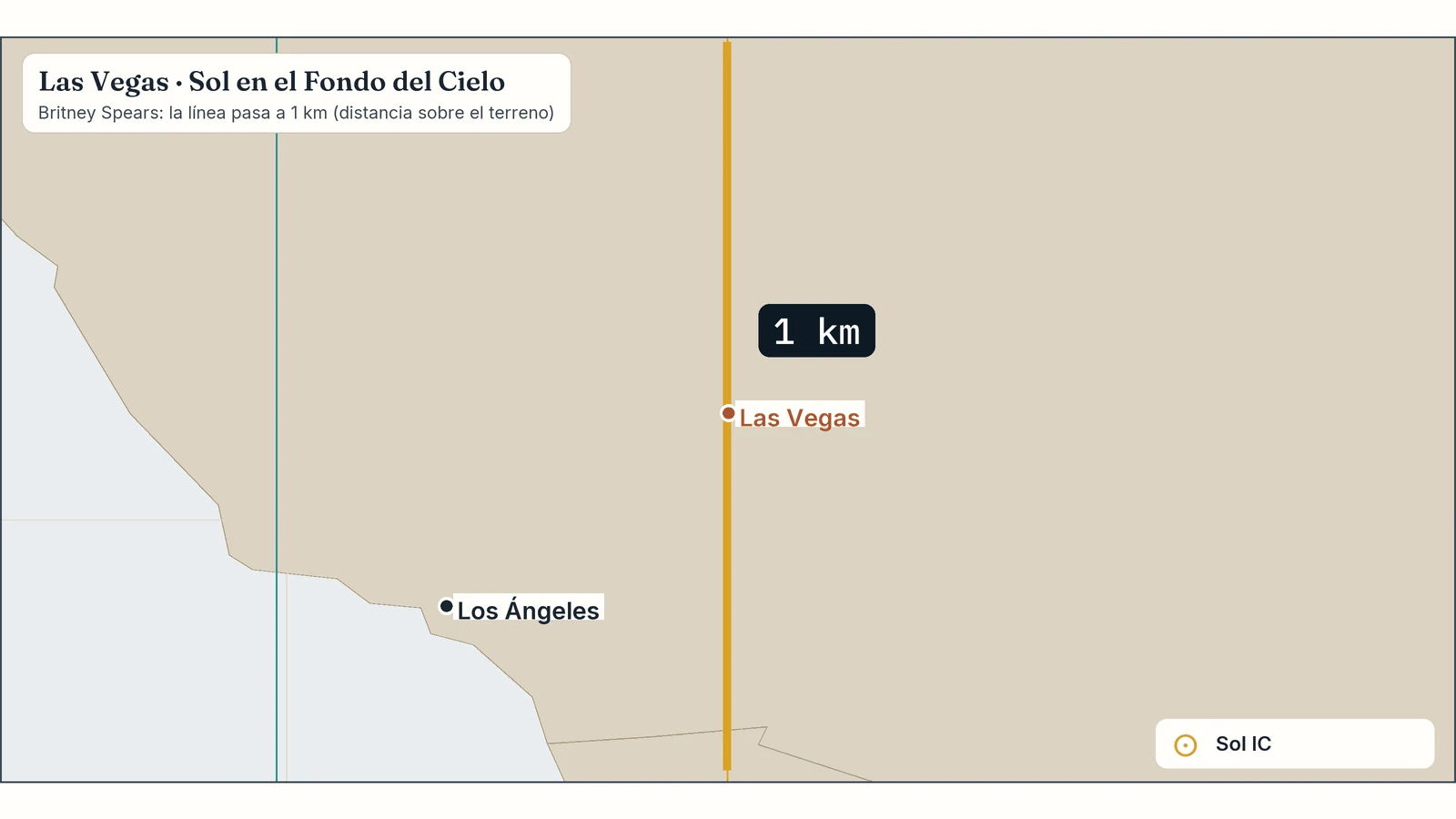 Zoom del mapa de Britney Spears en Las Vegas: su línea de Sol en el Fondo del Cielo pasa a 1 km