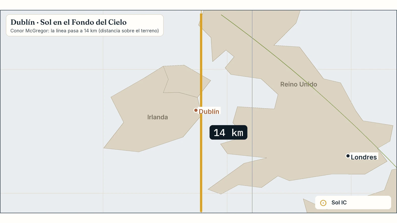Zoom del mapa de Conor McGregor en Dublín: su línea de Sol en el Fondo del Cielo pasa a 14 km