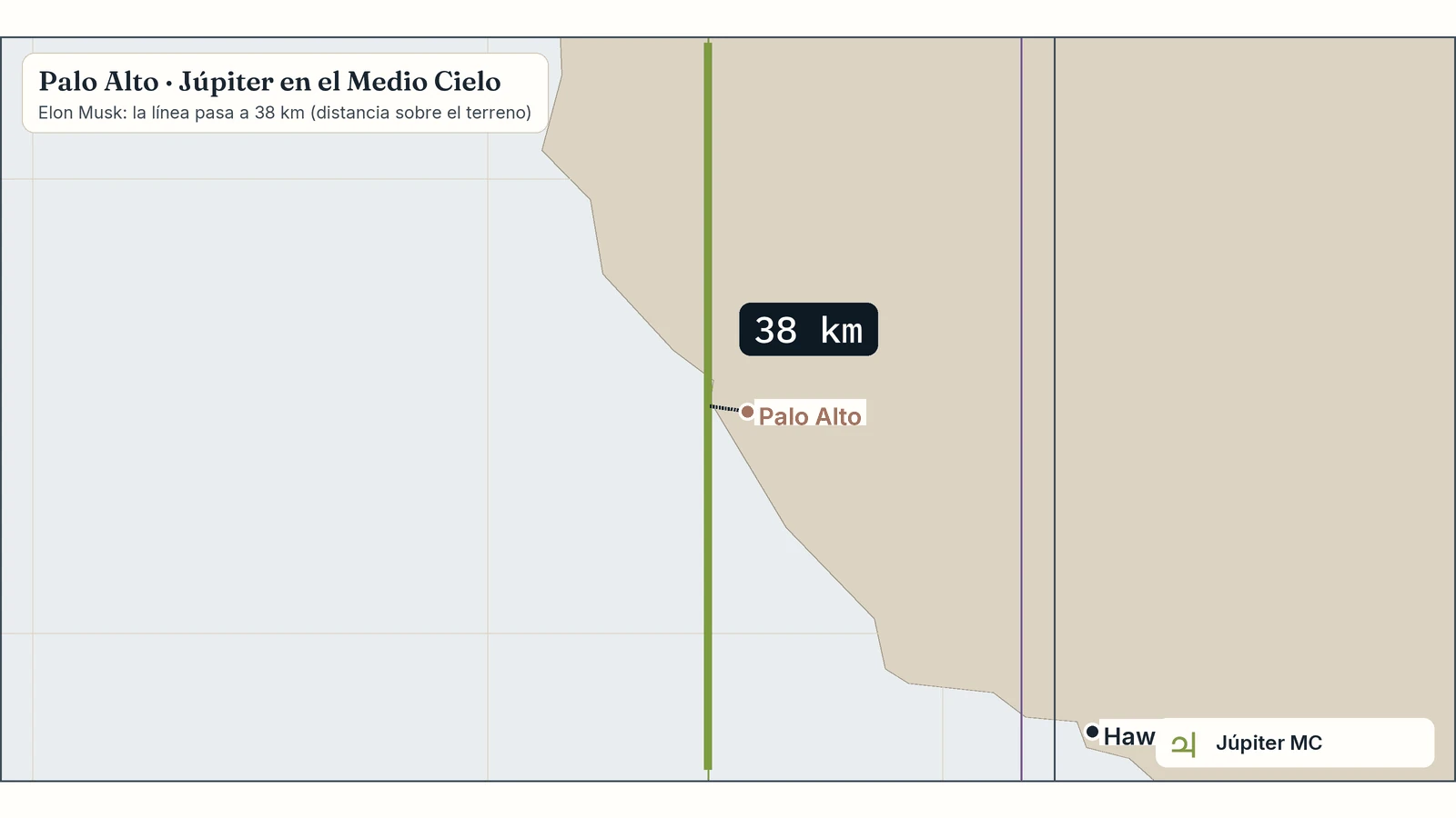 Zoom del mapa de Elon Musk en Palo Alto: su línea de Júpiter en el Medio Cielo pasa a 38 km