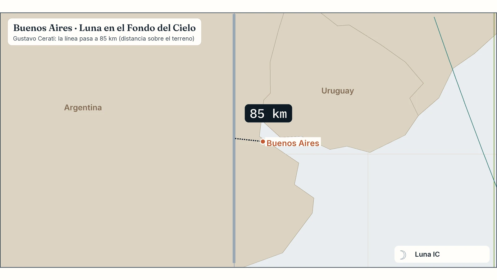 Zoom del mapa de Gustavo Cerati en Buenos Aires: su línea de Luna en el Fondo del Cielo pasa a 85 km