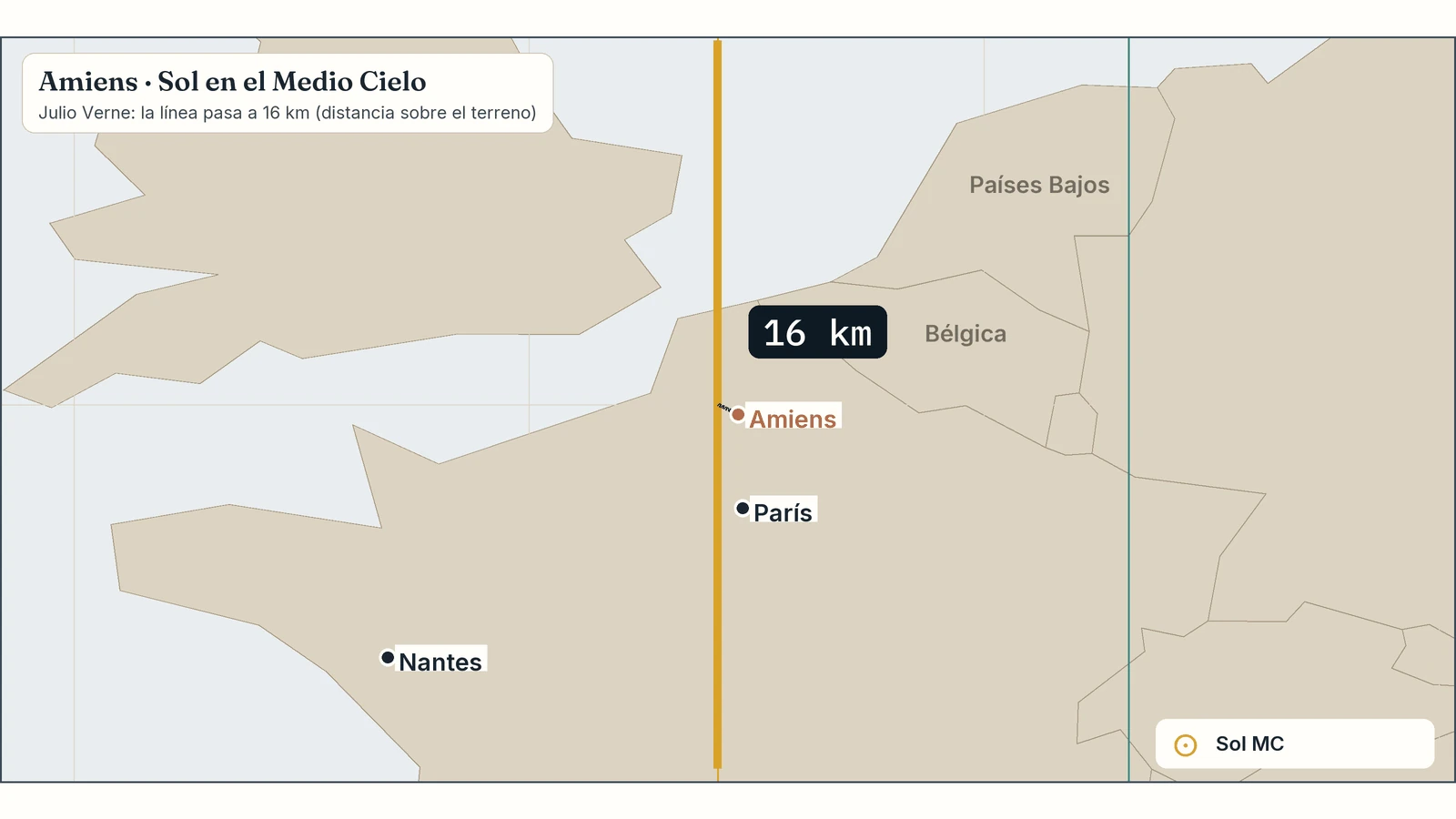 Zoom del mapa de Julio Verne en Amiens: su línea de Sol en el Medio Cielo pasa a 16 km