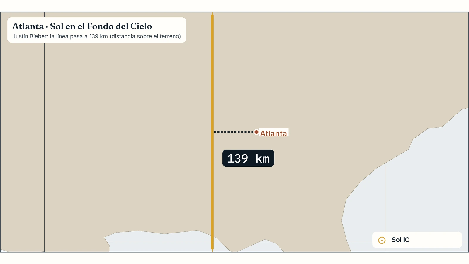 Zoom del mapa de Justin Bieber en Atlanta: su línea de Sol en el Fondo del Cielo pasa a 139 km