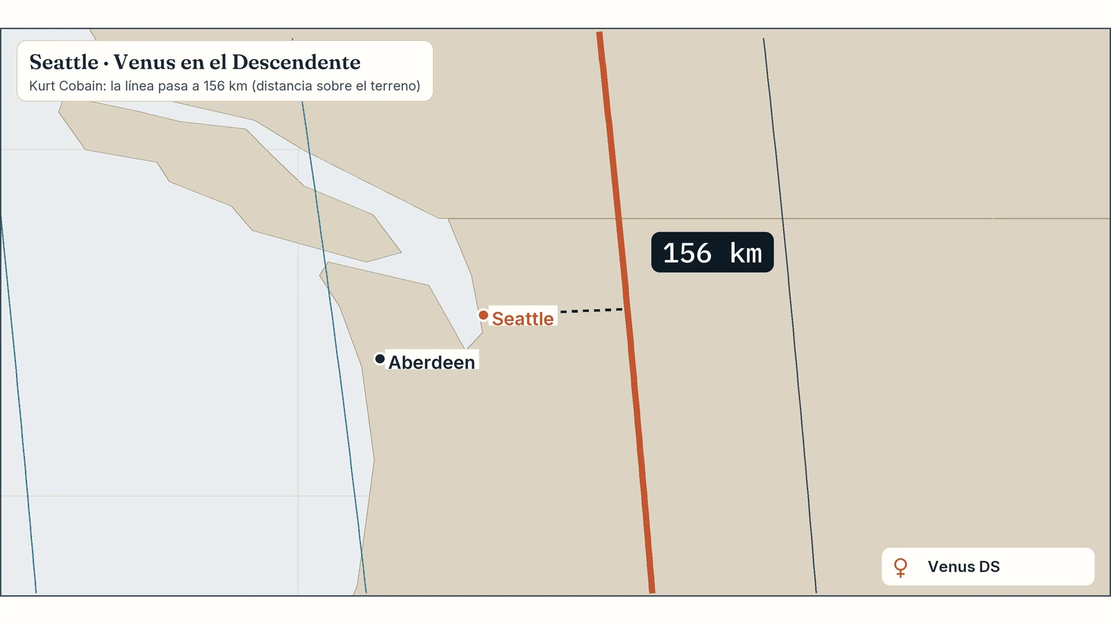 Zoom del mapa de Kurt Cobain en Seattle: su línea de Venus en el Descendente pasa a 156 km
