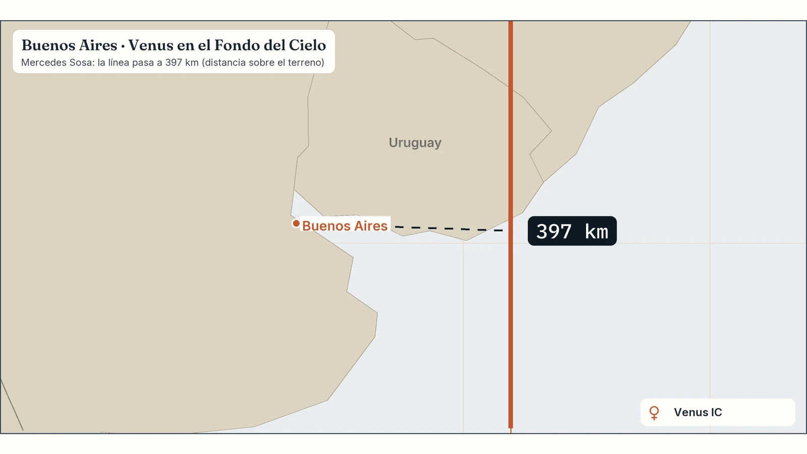 Zoom del mapa de Mercedes Sosa en Buenos Aires: su línea de Venus en el Fondo del Cielo pasa a 397 km