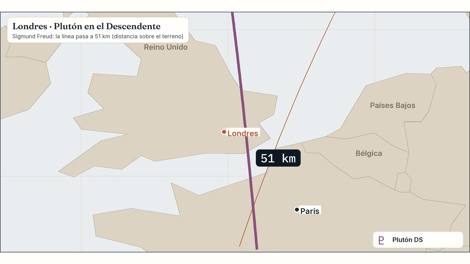 Zoom del mapa de Sigmund Freud en Londres: su línea de Plutón en el Descendente pasa a 51 km