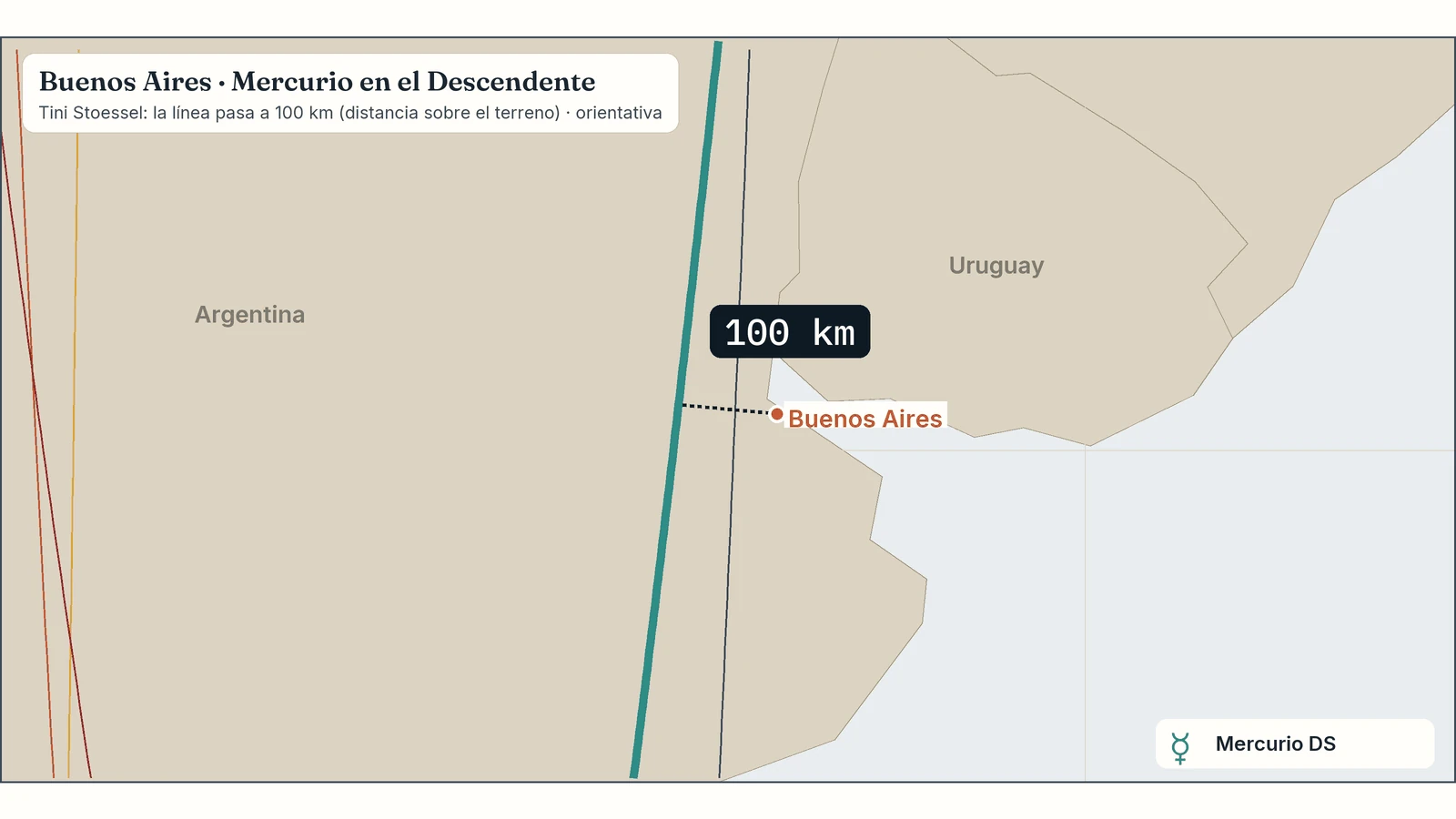 Zoom del mapa de Tini Stoessel en Buenos Aires: su línea de Mercurio en el Descendente pasa a 100 km