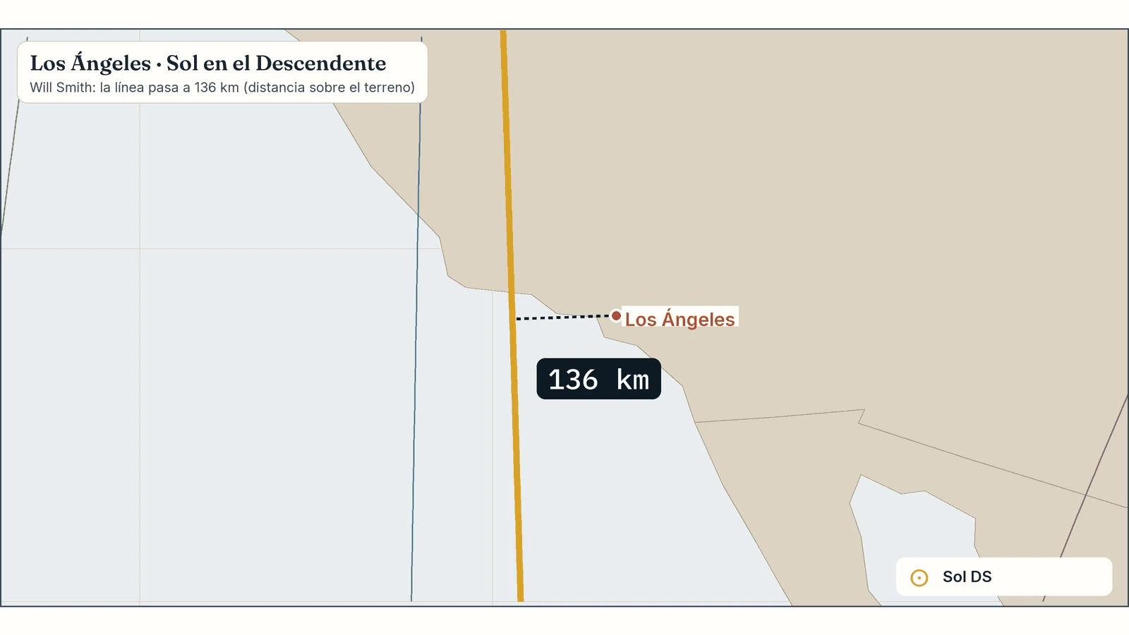 Zoom del mapa de Will Smith en Los Ángeles: su línea de Sol en el Descendente pasa a 136 km